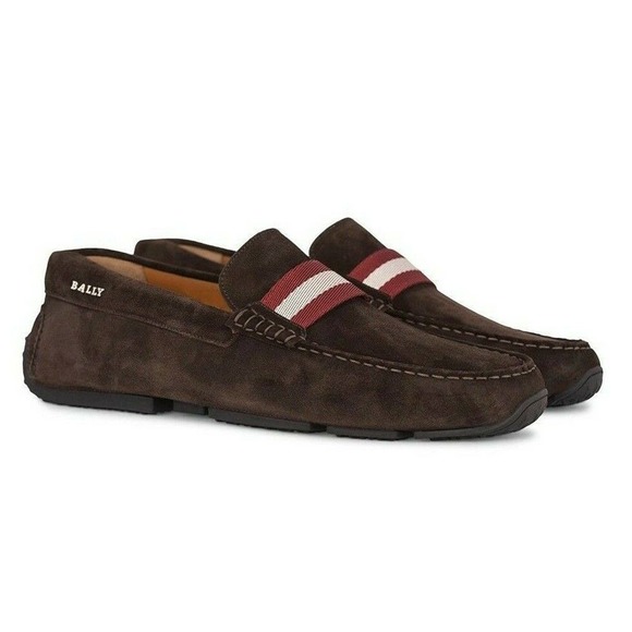 BALLY PEARCE COFFEE BROWN SUEDE WEB LOGO DRIVE LOAFERS US 10 EEE 43 ITALY main image 7